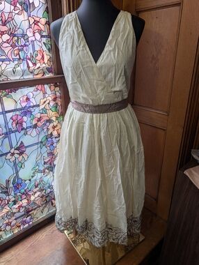 Kenar Ivory Sleeveless Wrap Midi Dress with Brown Embroidery Details